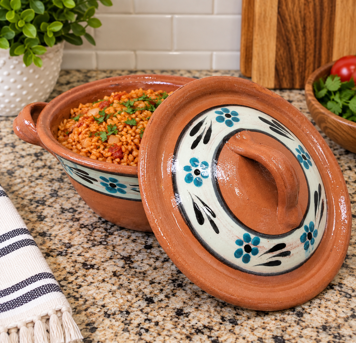 Handmade Mexican Clay Cazuela with Lid, Terracotta Cooking Pot, Traditional Mexican Pottery, Rustic Serving Dish with Handles
