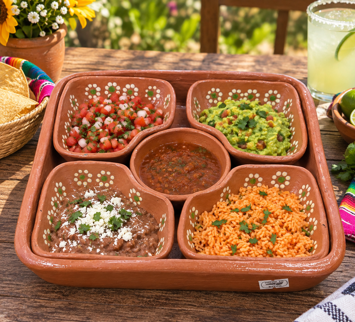 Handmade Mexican Terracotta Appetizer Serving Tray Set, 5 Piece Clay Salsa Bowls, Guacamole Dish, Taco Night Serving Platter