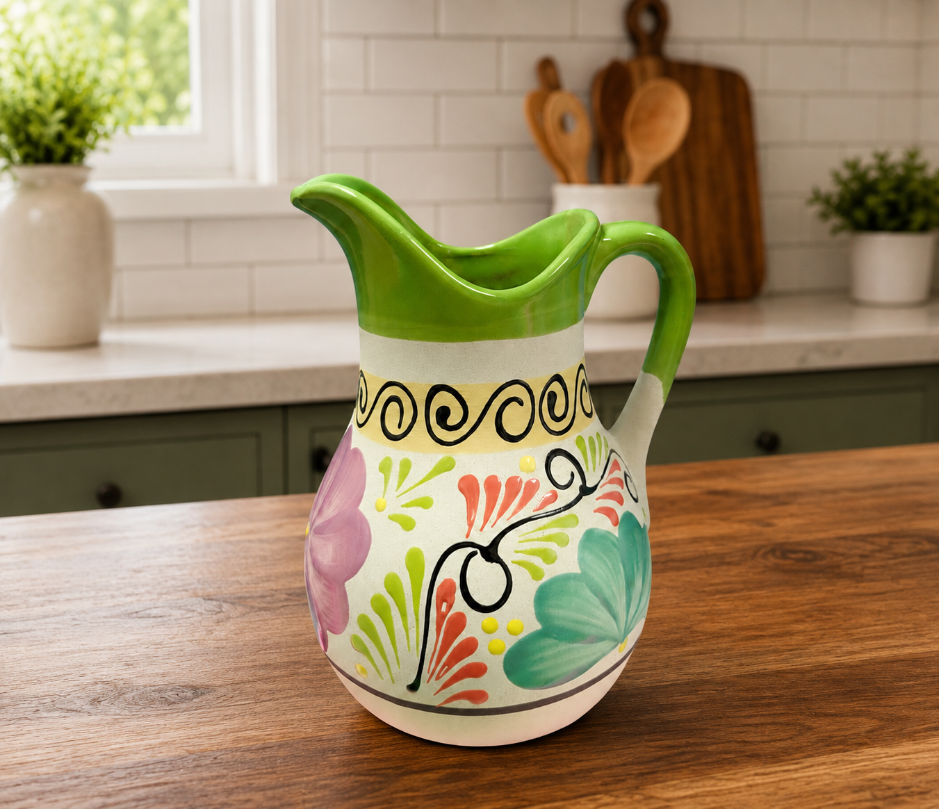 Hand Painted Mexican Clay Pitcher | Colorful Vase