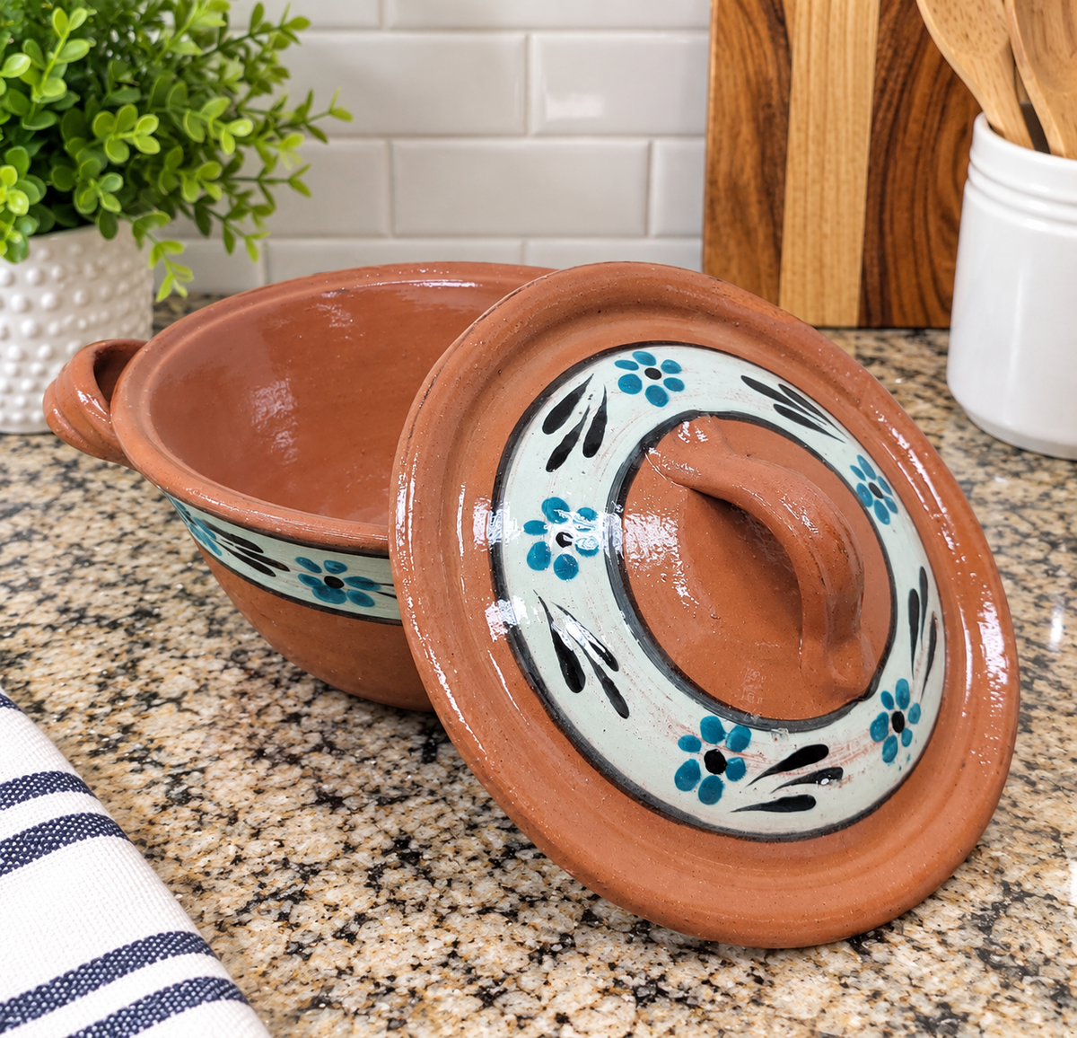 Handmade Mexican Clay Cazuela with Lid, Terracotta Cooking Pot, Traditional Mexican Pottery, Rustic Serving Dish with Handles