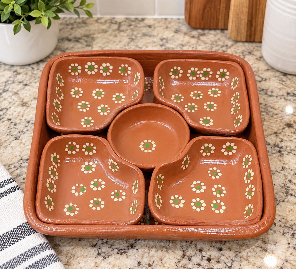 Handmade Mexican Terracotta Appetizer Serving Tray Set, 5 Piece Clay Salsa Bowls, Guacamole Dish, Taco Night Serving Platter