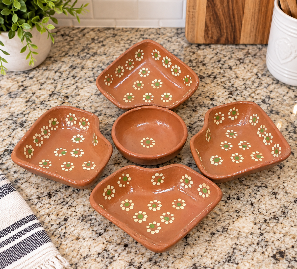 Handmade Mexican Terracotta Appetizer Serving Tray Set, 5 Piece Clay Salsa Bowls, Guacamole Dish, Taco Night Serving Platter