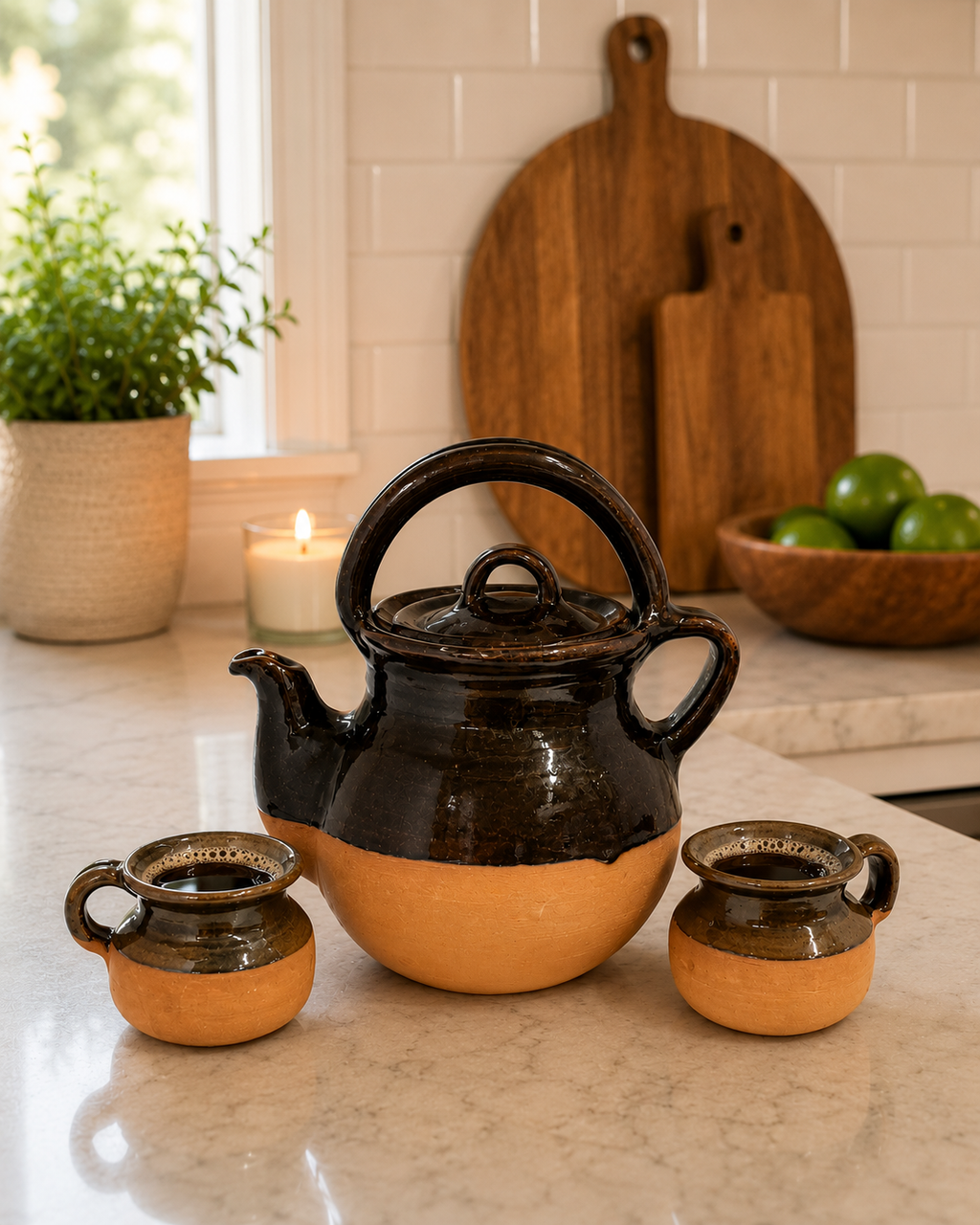 Handmade SET of 3 Mexican Clay Coffee Pot and Cups | Barro Coffee Pot