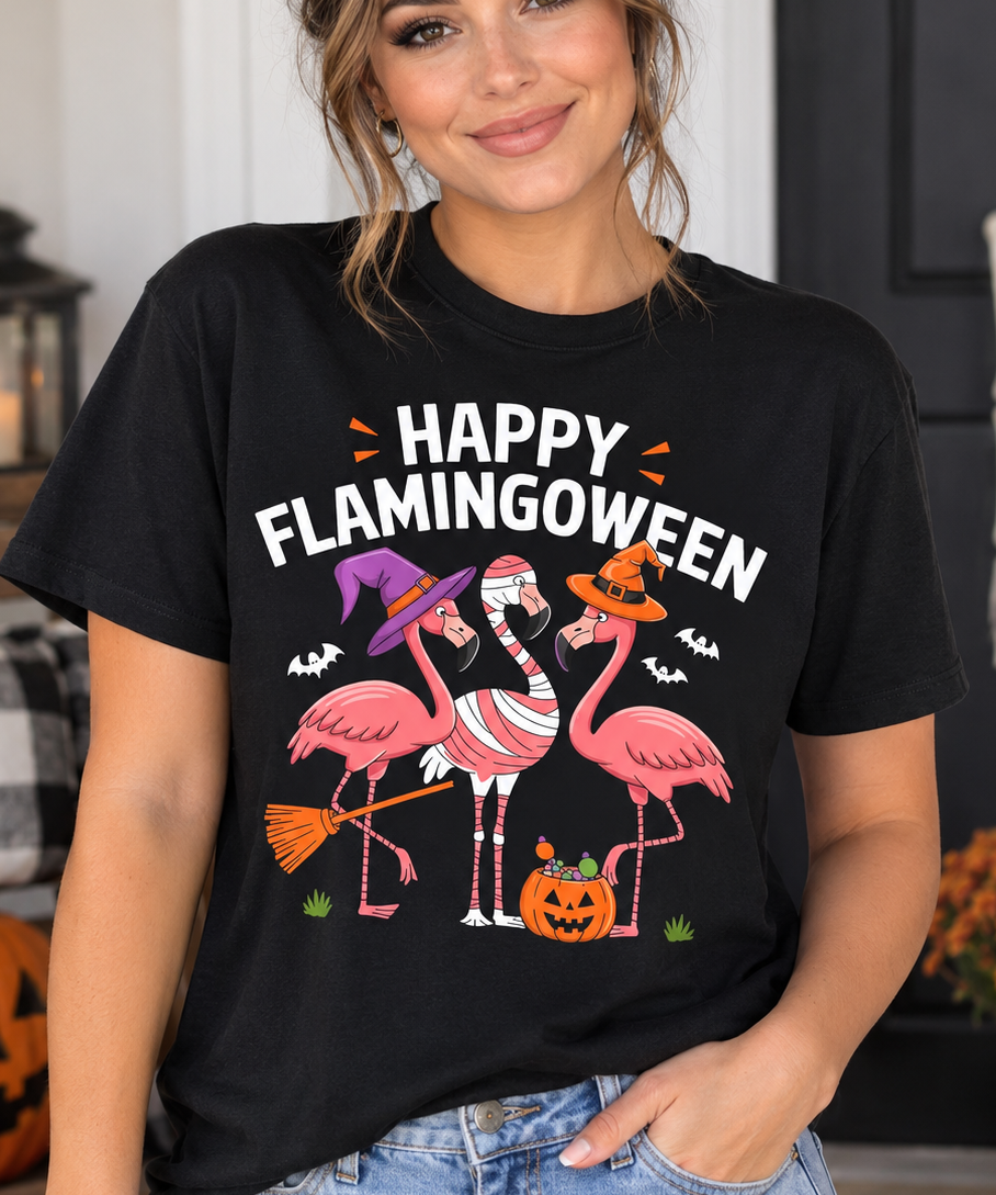 Happy Flamingoween T-Shirt, Halloween Flamingo Costume Tee, Spooky Pink Flamingo Shirt