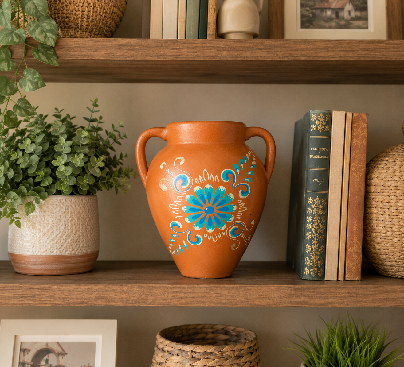 Handmade Clay Vase with Handles | Talavera Style Terracotta Vase | Rustic Home Decor