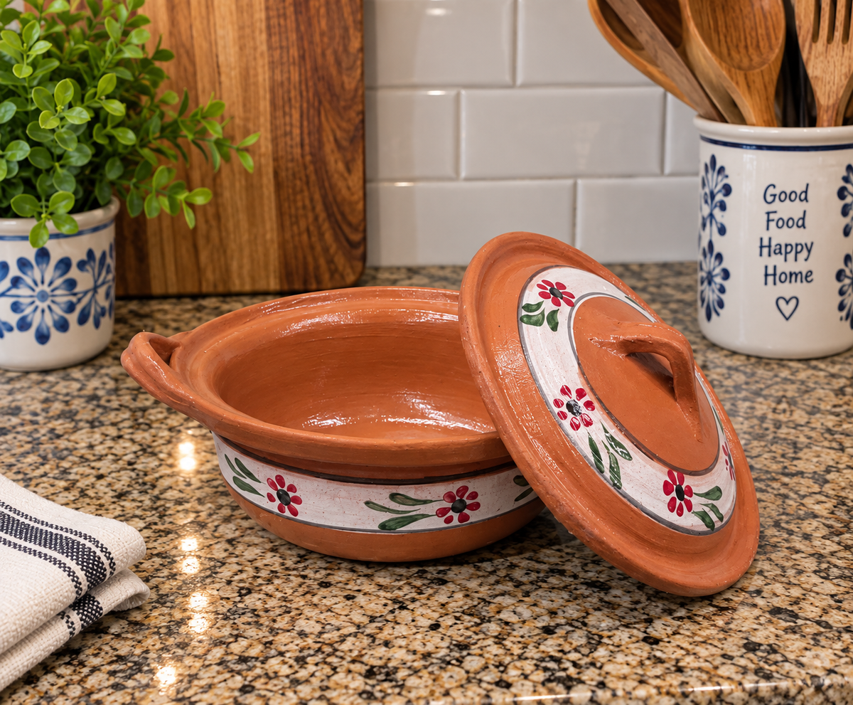 Handmade Mexican Clay Cazuela with Lid | Terracotta Cooking Pot