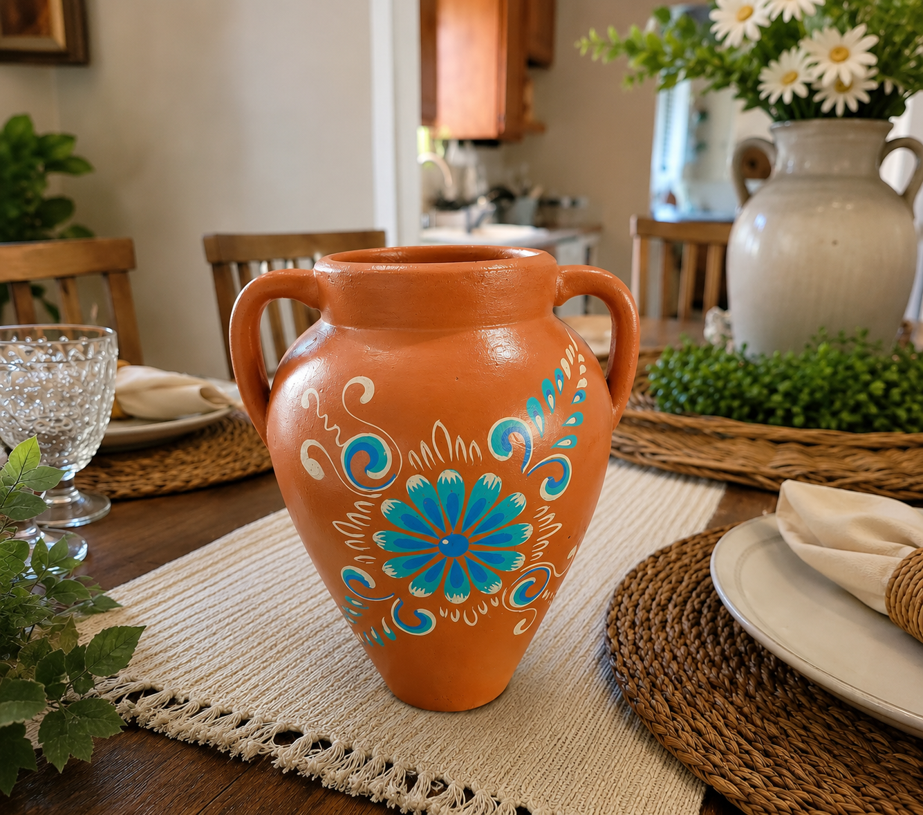 Handmade Clay Vase with Handles | Talavera Style Terracotta Vase | Rustic Home Decor