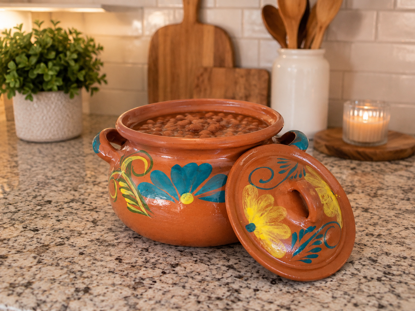 Mexican Clay Bean Pot with Lid | Hand Painted Olla de Barro
