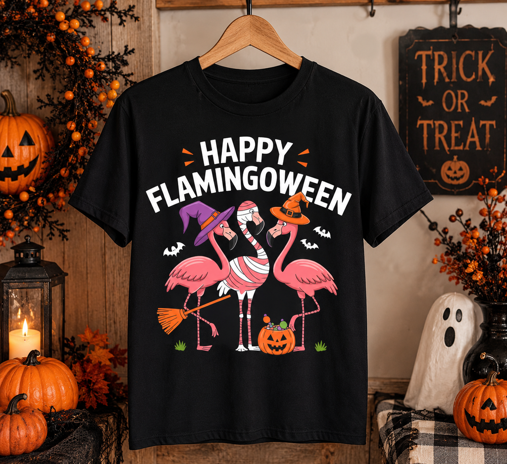 Happy Flamingoween T-Shirt, Halloween Flamingo Costume Tee, Spooky Pink Flamingo Shirt