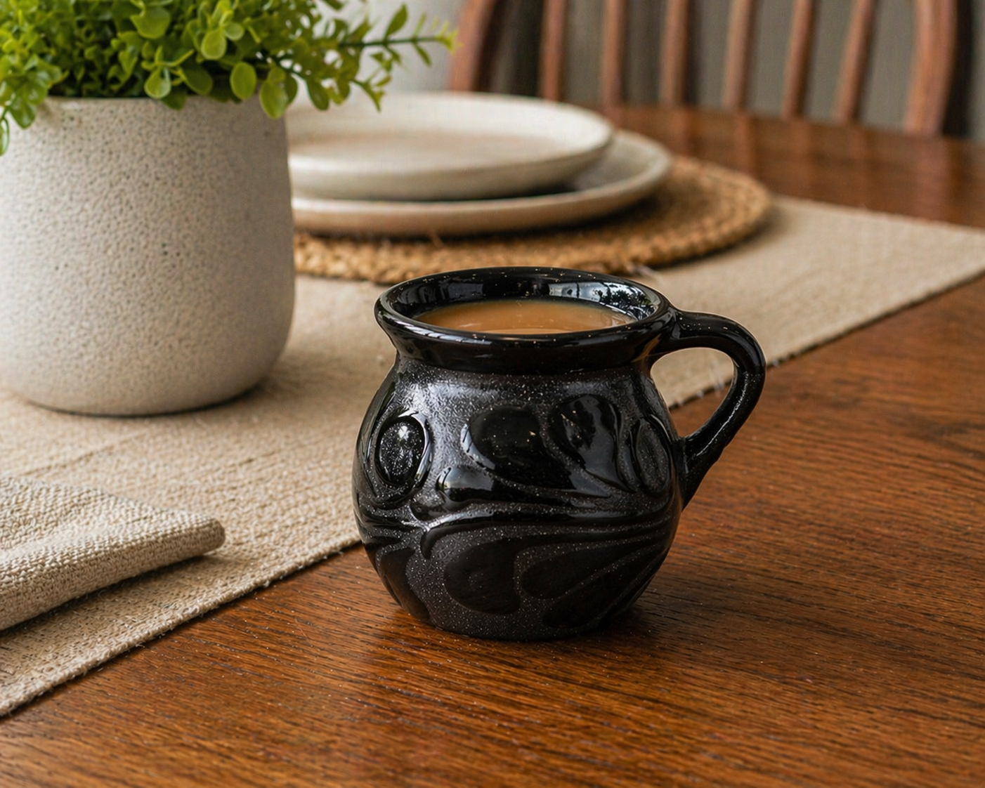 Set Of 5 Black Handmade Talavera Mug Cups | Taza Engobe de Talavera