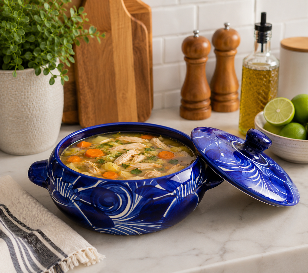 Handmade Blue Talavera Cazuela with Lid | Mexican Ceramic Serving Bowl