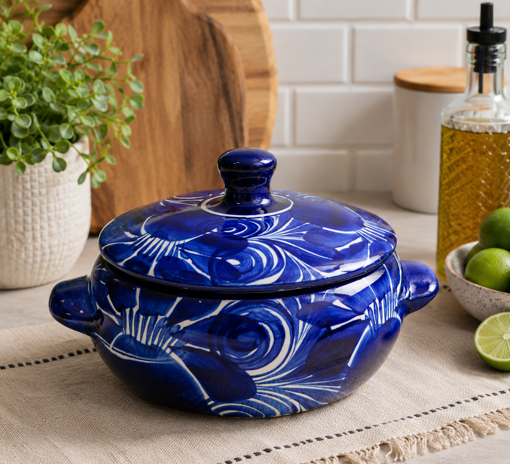 Handmade Blue Talavera Cazuela with Lid | Mexican Ceramic Serving Bowl