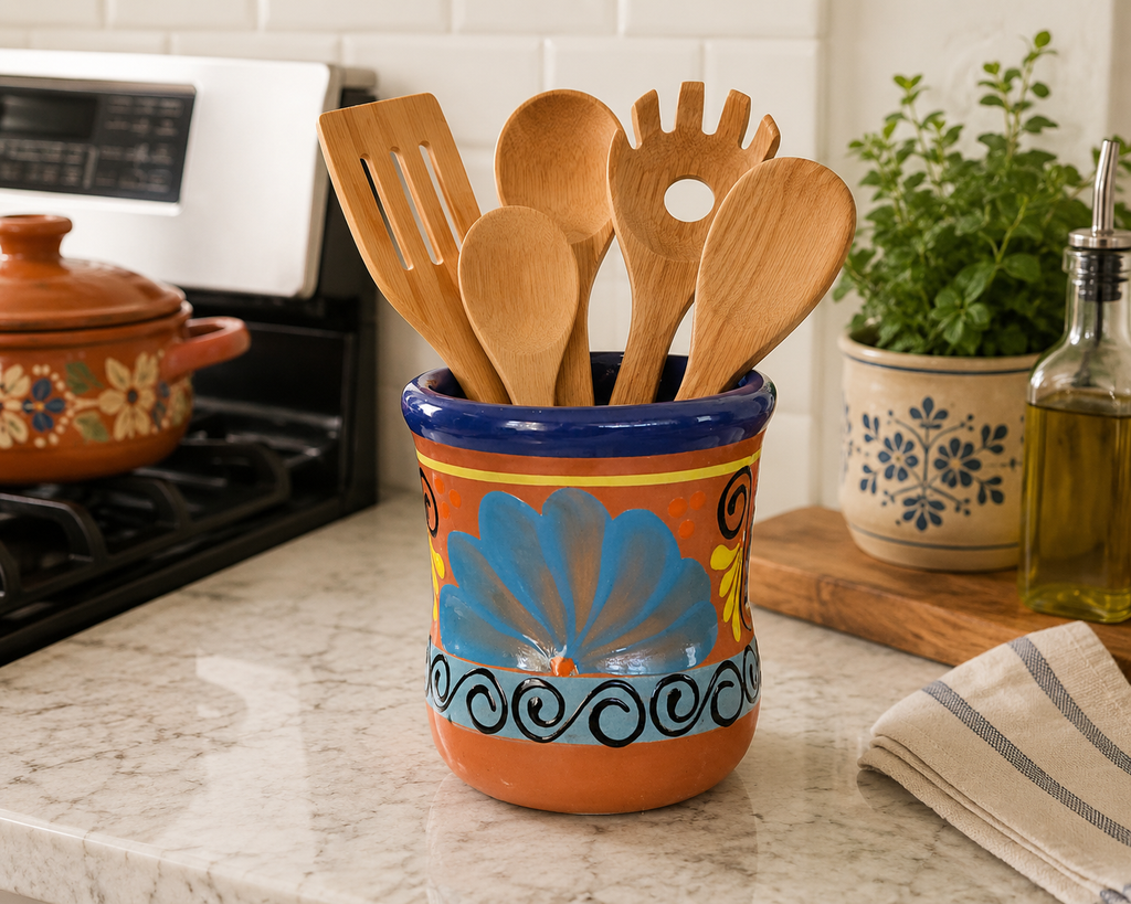 Rustic Pottery Spoon Holder | Farmhouse Kitchen Decor
