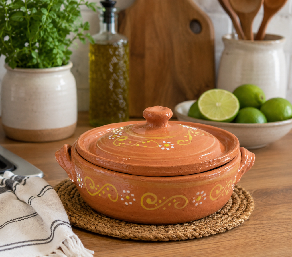 Handmade Mexican Clay Cazuela with Lid | Rustic Terracotta Serving Dish