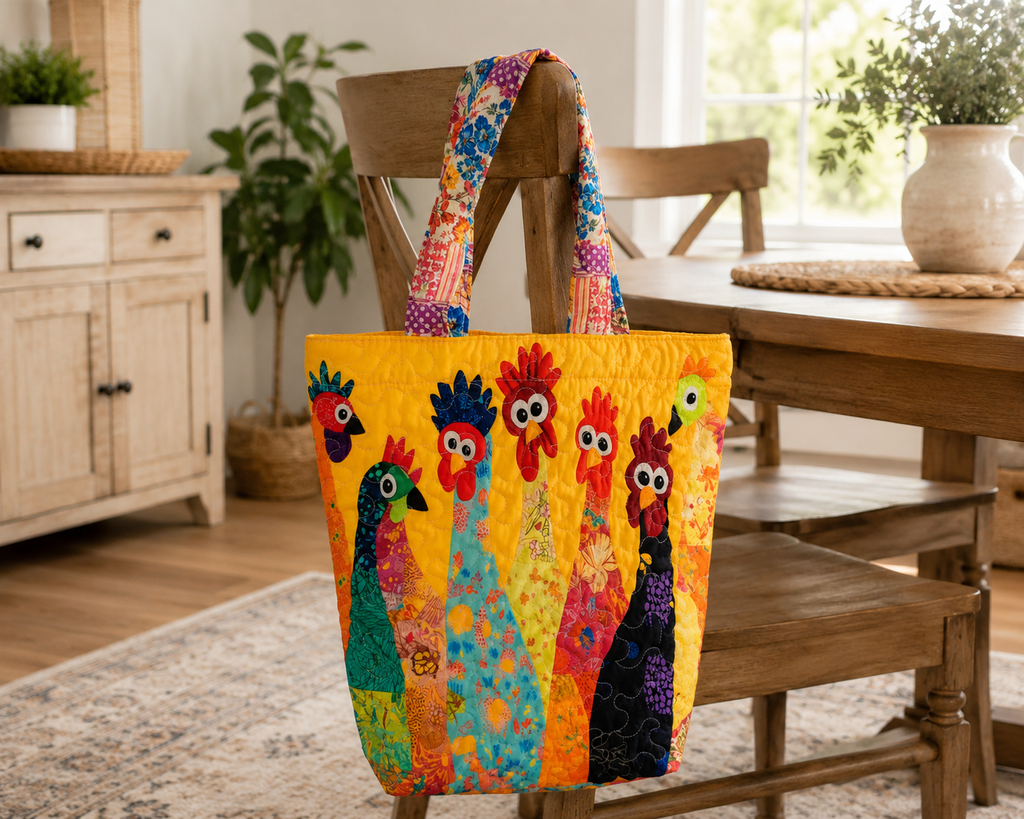 Colorful Chicken Quilt Style Tote Bag
