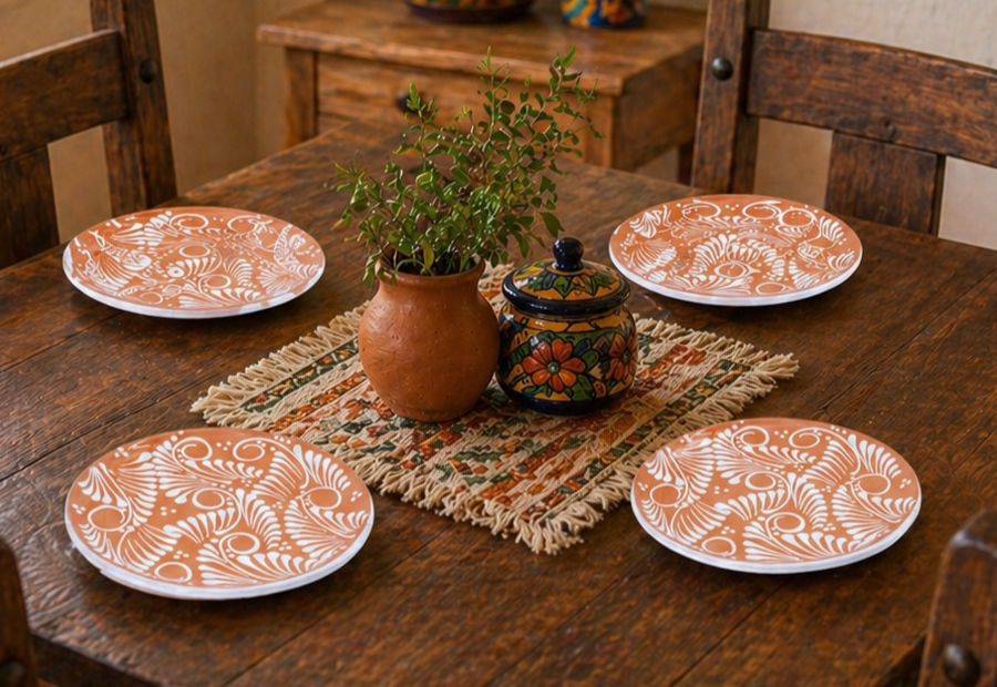 Set of 4 Handmade Talavera Plates | Brown & White