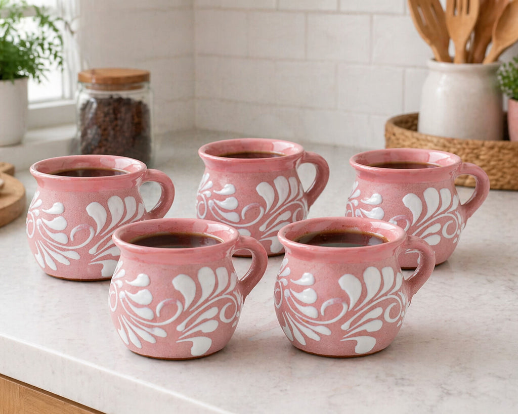 Set Of 5 Pink Handmade Talavera Mug Cups | Taza Engobe de Talavera