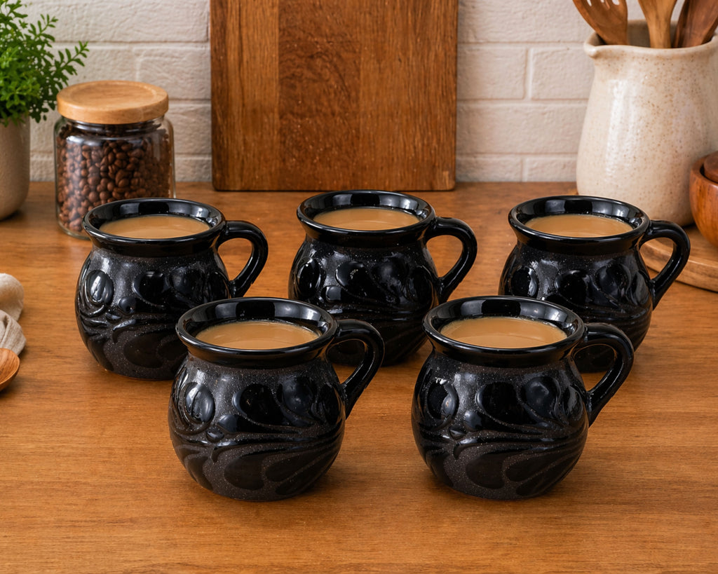Set Of 5 Black Handmade Talavera Mug Cups | Taza Engobe de Talavera