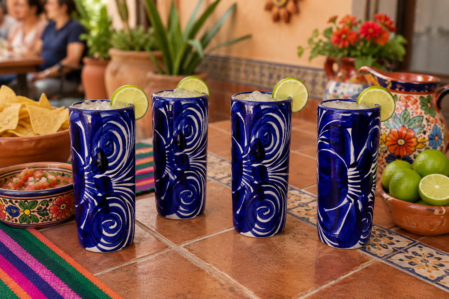 Set of 4 Handmade Mexican Talavera Cup | Blue Ceramic Cups