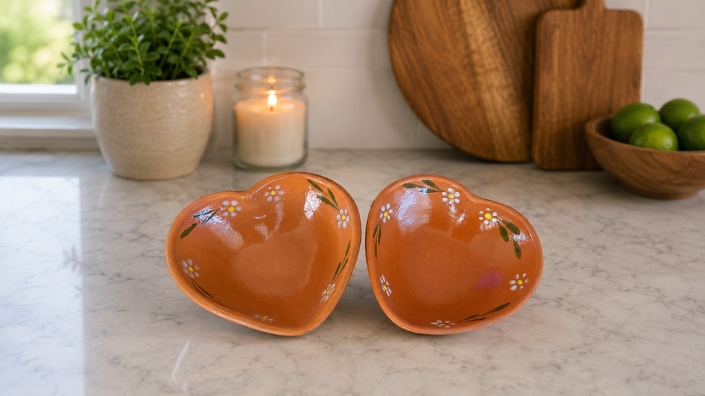Handmade Heart Shaped Salsa and Guacamole Bowl Set | Mexican Pottery Serving Bowls