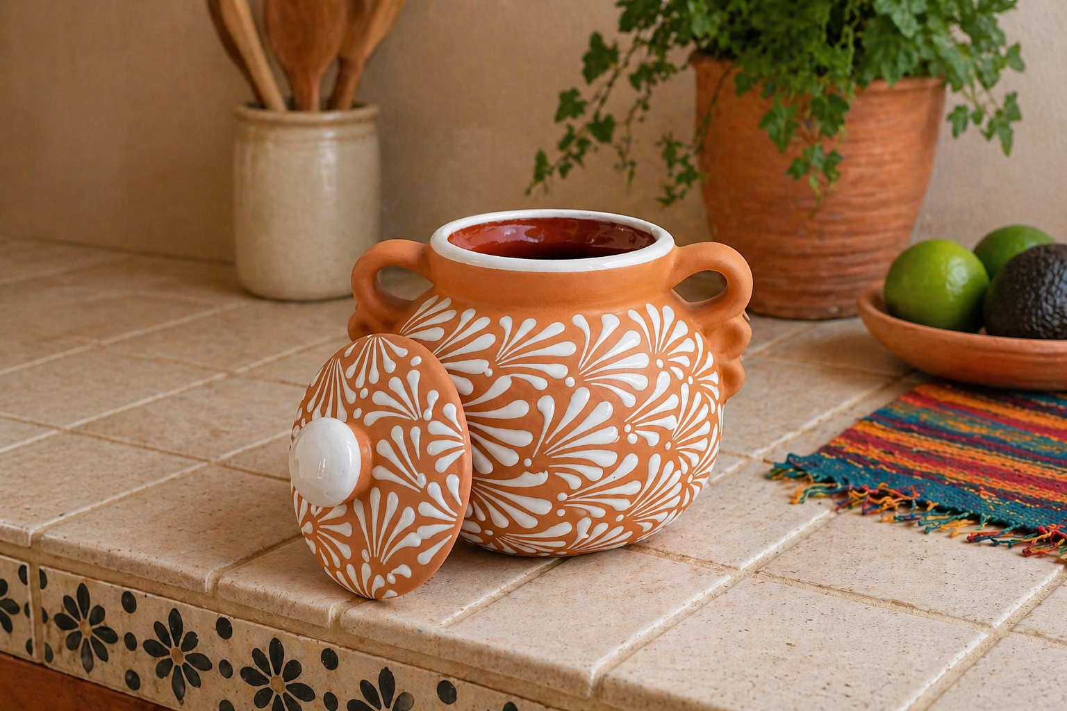 Brown Talavera Pot With Lid | Olla Talavera Frijolera
