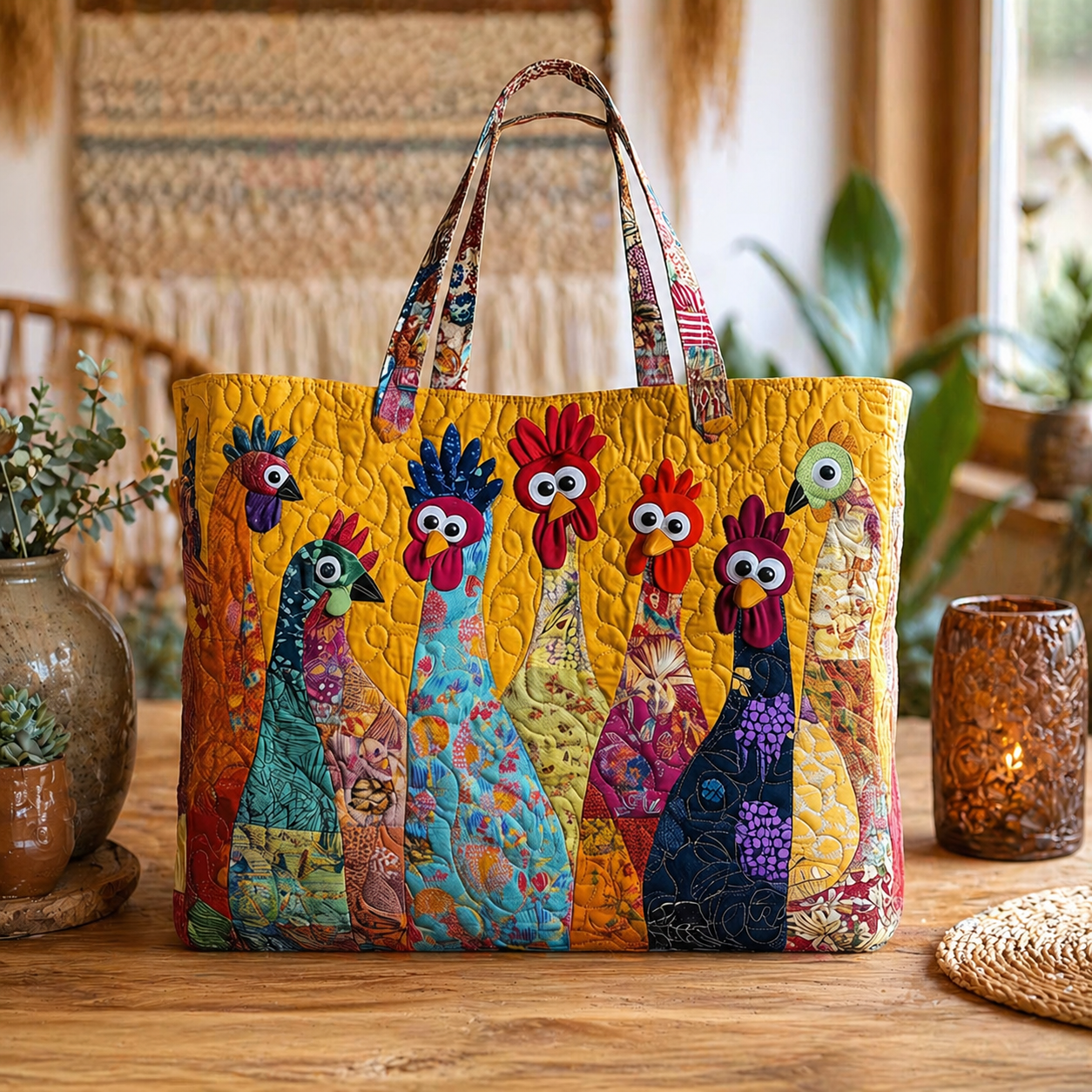 Colorful Chicken Quilt Style Tote Bag