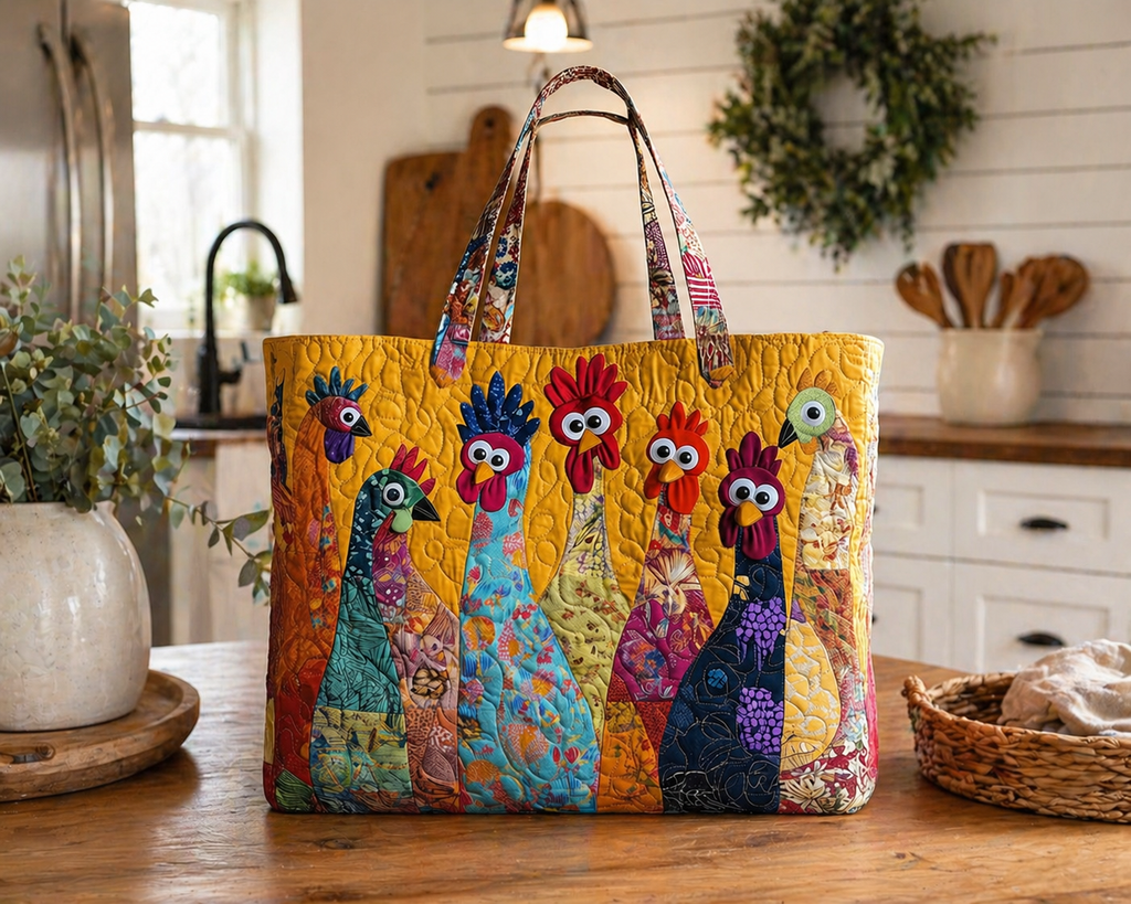 Colorful Chicken Quilt Style Tote