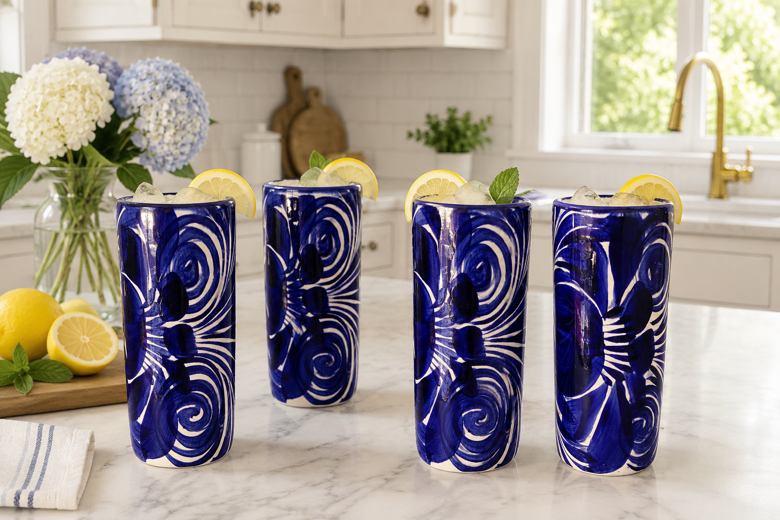 Set of 4 Handmade Mexican Talavera Cup | Blue Ceramic Cups