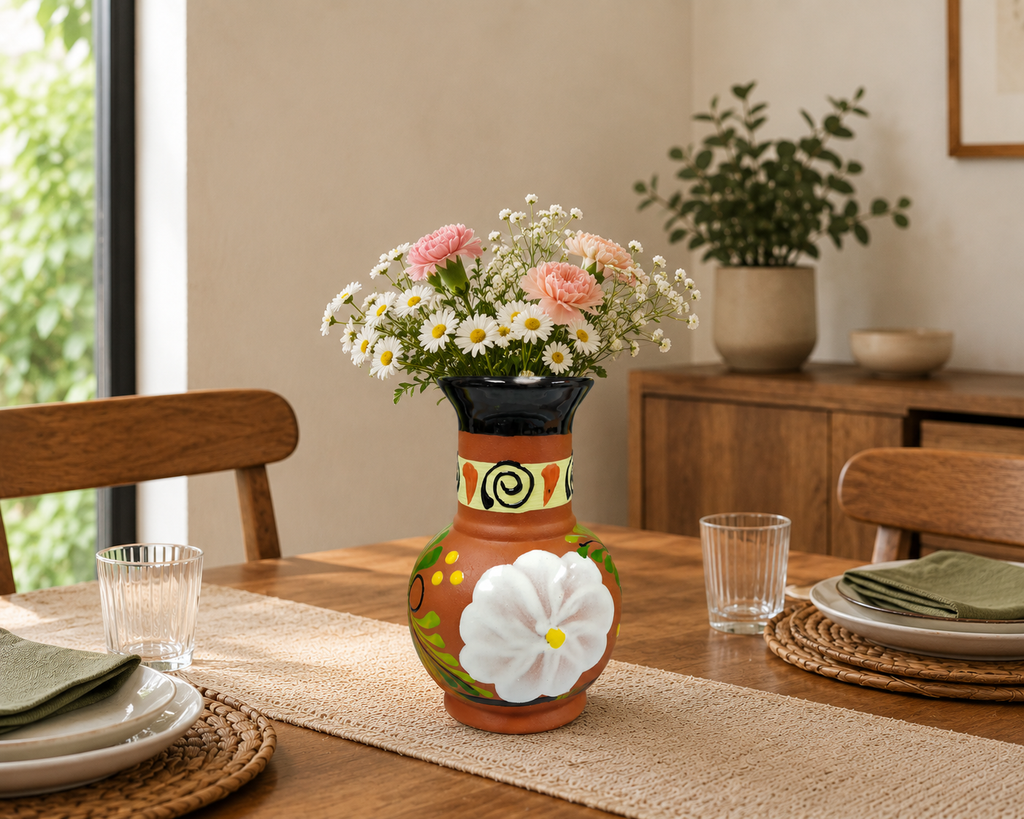 Handmade Floral Pottery Vase | Rustic Mexican Ceramic Vase