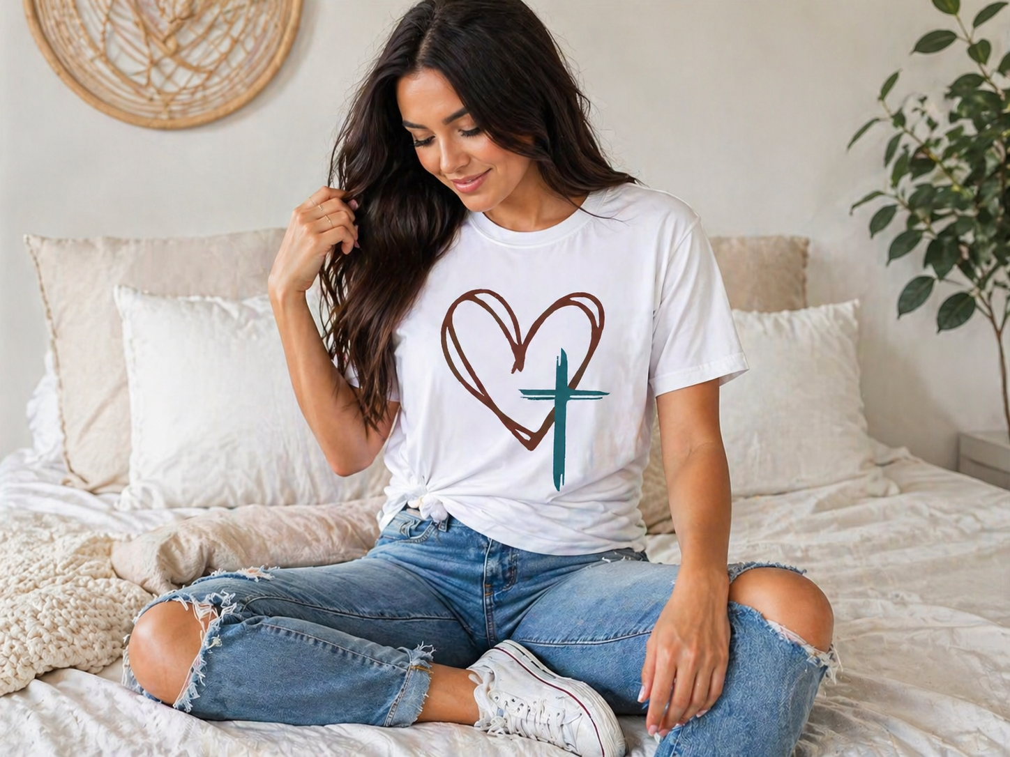 Short Sleeve T-Shirt with Heart Cross Print